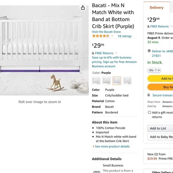 Bacati Crib Skirt Toddler Bed Skirt Cotton 13 In Drop White Purple Border Band - Picture 8 of 9